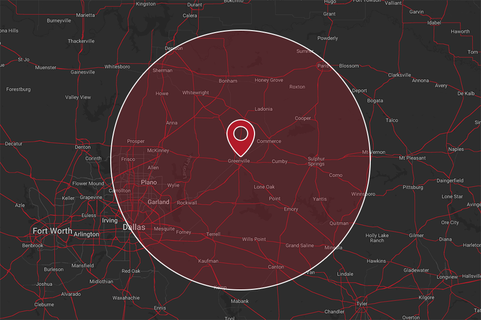 Service area map for JOAT home inspection services in Greenville, TX: a fifty mile radius centred on Greenville, reaching across the Dallas Fort Worth metro to the west and past Sulphur Springs to the east.